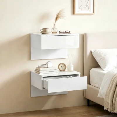 HOMCOM Conjunto de 2 Mesas de Cabeceira Suspensas com Gaveta para Fixar na Parede para Quarto 40x35x36,2 cm Branco Brilhante