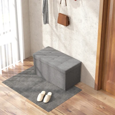 HOMCOM Baú de Arrumação 84L Puff de Arrumação Dobrável Estofado em Linho Sintético com Tampa 76x38x38 cm Cinzento Claro