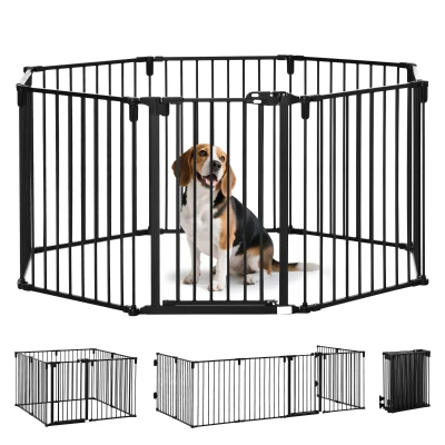 PawHut Barrière de Sécurité pour Cheminée, Parc Enclos Chien Pliable Modulable 8 Panneaux avec Porte, sans Perçage