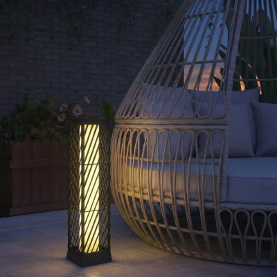 Outsunny Linterna de Jardín de Ratán Farola Solar Exterior con Luces LED Encendido y Apagado Automático Impermeable IP44 Negro