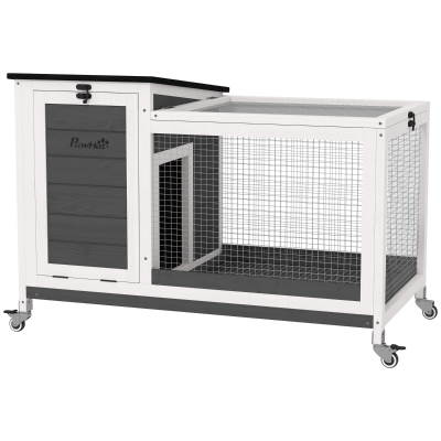 PawHut Casinha para Coelhos em Madeira com Cercado de Passeio Rodas Telhado Dobrável para Interior e Exterior 92 x 52 x 67 cm Cinzento escuro