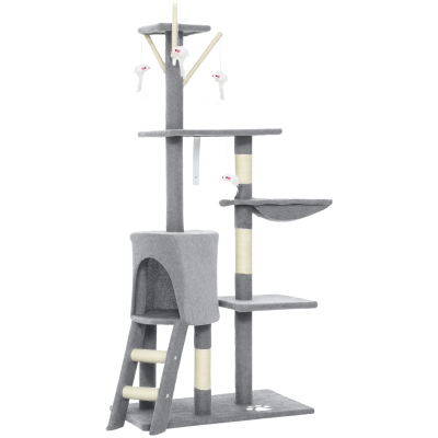 PawHut Krabpaal kattenboom met hol, 4 speeltjes, sisalstammen, groot platform, trap, voor katten onder 5 kg, Grijs