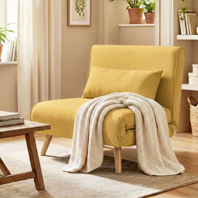 HOMCOM Sofá Cama Individual Plegable con Respaldo Ajustable 5 Posiciones Sillón Cama Tapizado con Cojín 72x75x85 cm Amarillo