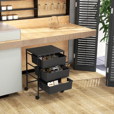 HOMCOM Bijzettafel op Wielen, 3 Manden voor Transport en Opslag, Keukenwagen, 40,8L x 33,5B x 60,5H cm, Zwart