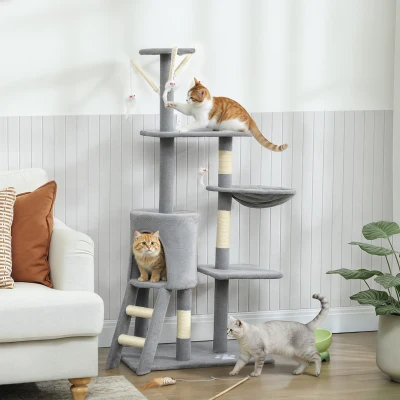 PawHut Krabpaal kattenboom met hol, 4 speeltjes, sisalstammen, groot platform, trap, voor katten onder 5 kg, Grijs