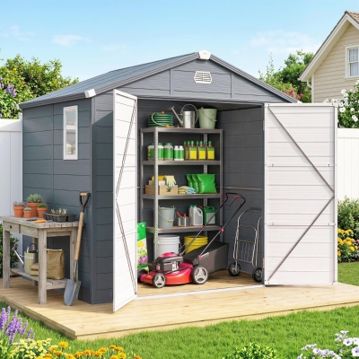 Outsunny 4 x 3ft Plastic Garden Storage Shed - Foundation Kit Included, Polypropylene Outdoor Storage Tool House with Ventilation Slots and Lockable Door, Grey