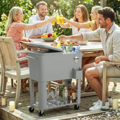 Outsunny Carrito Nevera de 76L con Ruedas Estante Abrebotellas Recogetapas Drenaje y 2 Asas para Patio Fiesta 92x39x81 cm Plata