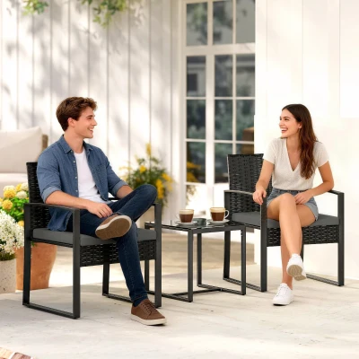 Outsunny Rattan bistroset, 3-delige tuinset met 2 stoelen, salontafel, afneembare kussens donkergrijs