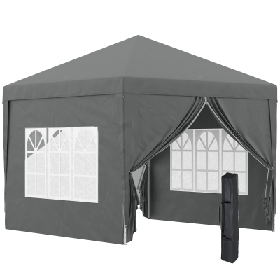Outsunny 3 x 3 m paviljoen met 4 zijwanden, ramen, feesttent met UV-bescherming, tuintent incl. draagtas, staal, Grijs
