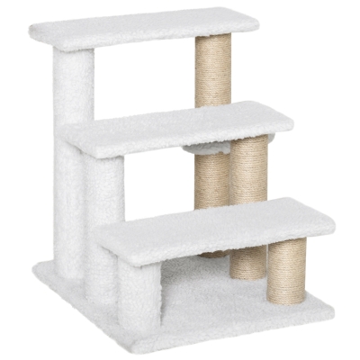 PawHut Escada para Gatos 3 Degraus Escada para Animais para Gato com Postes de Arranhar Bola Escada para Cão em Pelúcia e Juta 45 x 40 x 48 cm Branco