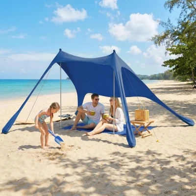 Outsunny Cort de Plajă pentru 2-4 Persoane, Covoraș, Lopată, Protecție Solară UPF50+, Albastru