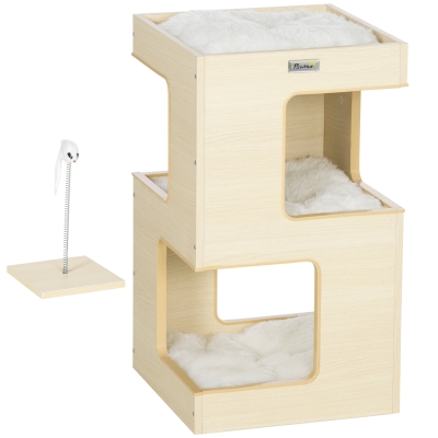 PawHut Toca em Barril para Gatos, Toca para Gatos, 2 Níveis, incl. Brinquedo, 34 cm x 34 cm x 60 cm, Natural + Cinza Claro