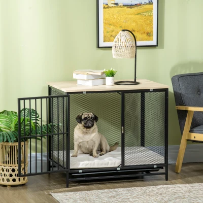 PawHut Gaiola para cães, Caixa para cães, almofada resistente à água, bandeja de fundo removível, com trava, Preto, 80 x 55 x 71 cm