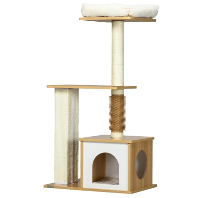 PawHut Arranhador Árvore para Gatos Casa para Gatos, 1 Cama para Gato, 1 Área de Descanso, 59,5 cm x 39,5 cm x 114 cm, Marrom + Branco