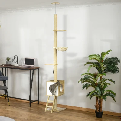 PawHut Árvore de arranhar, até ao teto, casinha para gatos, duas plataformas, rede, proteção anti-tombamento, castanho claro+bege, 40 x 40 x 260 cm