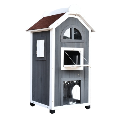 PawHut Casa para Gatos para Exterior, Casa de 2 Andares em Madeira de Abeto, Abrigo resistente às intempéries com telhado asfáltico, Cinza, 59 x 55 x 109 cm