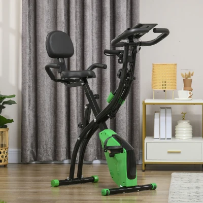 HOMCOM Klapp-Fitnessbike 2-in-1, 8-stufiger Magnetwiderstand, leiser Heimtrainer mit Pulssensor, verstellbarer Sitz, Widerstandsbänder, LCD-Display, Rollen, Grün