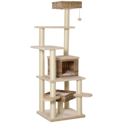 PawHut Arranhador de Rattan com Toca para Gatos Árvore Multinível para Escalada para Gatos E1 MDF Sisal Bege+Castanho 55 x 55 x 174 cm