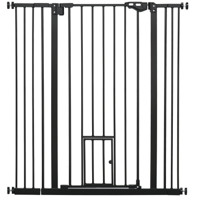 PawHut Extra Tall Pet Gate with Cat Flap 74-101cm Black