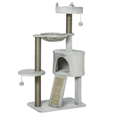 PawHut Arranhador incl. Toca para gatos, Cama para gatos, Rede para gatos e Brinquedos 60 cm x 40 cm x 113 cm, Cinza claro