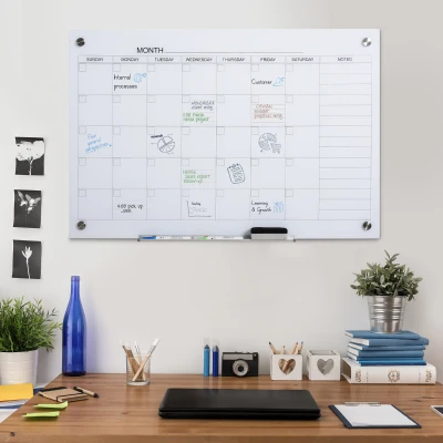 Vinsetto kalenderbord glasplaat met 4 glasclip markers gum aluminium pennenhouder magneetbord voor maandplanning magnetische weekplanner planbord wit 90 x 60 x 0,2 cm
