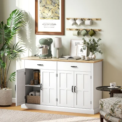 HOMCOM Sideboard mit USB-Anschluss und Mehrfachsteckdose TV-Möbel mit 2 Schränken mit Scheunentüren, 2 Schubladen und verstellbaren Regalen, weiß