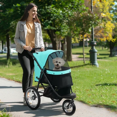 PawHut Carrinho para cães, carrinho para animais de estimação para cães e gatos pequenos, com cesto de armazenamento, design dobrável com um clique, Turquesa