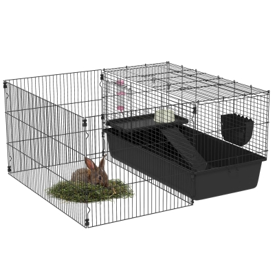 PawHut Gaiola para pequenos animais com cercadinho removível, parque com estábulo, incl. acessórios, preto