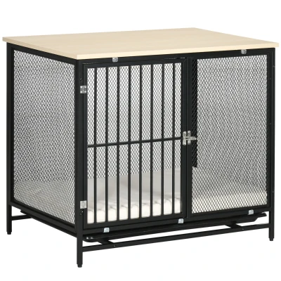 PawHut Gaiola para cães, Caixa para cães, almofada resistente à água, bandeja de fundo removível, com trava, Preto, 80 x 55 x 71 cm