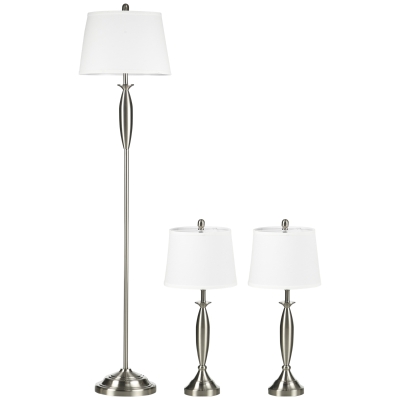 HOMCOM Conjunto de 3 luminárias. 1 candeeiro de pé, 2 candeeiros de mesa, aspeto em linho; 38 cm x 38 cm x 158 cm, Prata + Branco