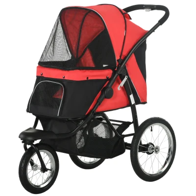 PawHut Carrinho para cães, dobrável, proteção solar, janelas em tela, cesto de armazenamento, vermelho, 111 x 58 x 107 cm