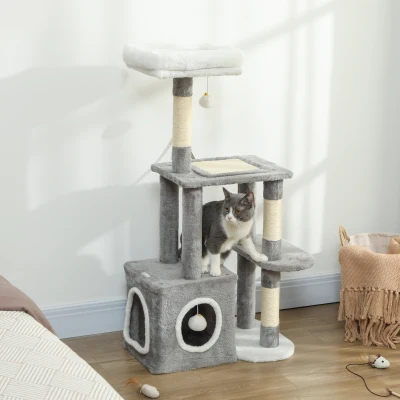 PawHut Arranhador 107 cm Torre para gatos com toca, 2 bolas de pelúcia, postes de sisal, plataforma grande, 55x40x107 cm, Cinza