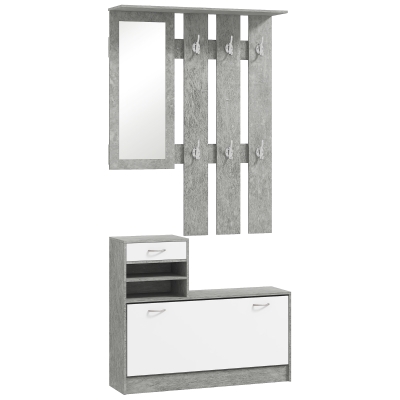 HOMCOM Set Eingangs­möbel mit Garderobe mit 6 Haken, Schuhschrank mit Schublade und Spiegel, Grau