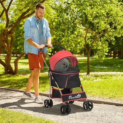 PawHut 2-em-1 Buggy para cães Trolley para cães, dobrável, 1 cesto, 1 bolsa, 82 cm x 49,5 cm x 98 cm, Vermelho