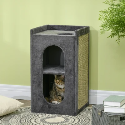 PawHut Tonel arranhador com 2 tocas para gatos, 1 superfície de repouso, tapete de arranhão em sisal, pelúcia, Cinza + Natural
