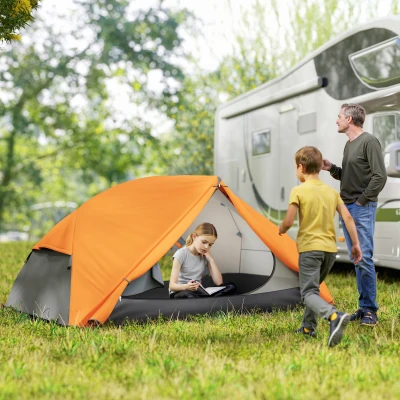 Outsunny Campingzelt für 2 Personen mit 2 Vorzelten, 2 Türen, 2 Fenstern und Tragetasche, 2.8x2.25x1.1 cm, Orange