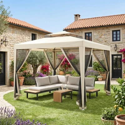 Outsunny Pérgola de Jardim 297x297x268 cm com 4 Redes Mosquiteiras Laterais Teto de Ventilação e 8 Orifícios de Drenagem Bege