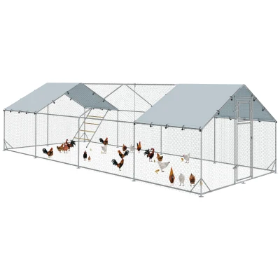 PawHut Galinheiro, recinto de passeio para galinhas, com lona resistente a UV, grade de aço, comedouro automático, para 24-30 galinhas