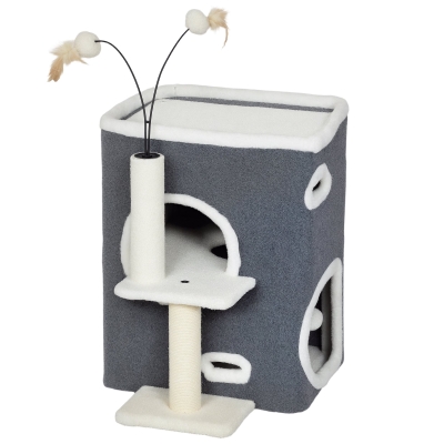 PawHut Arranhador para gatos, cama superior, casa de 2 andares, postes de sisal, Cinza