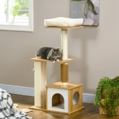 PawHut Arranhador Árvore para Gatos Casa para Gatos, 1 Cama para Gato, 1 Área de Descanso, 59,5 cm x 39,5 cm x 114 cm, Marrom + Branco