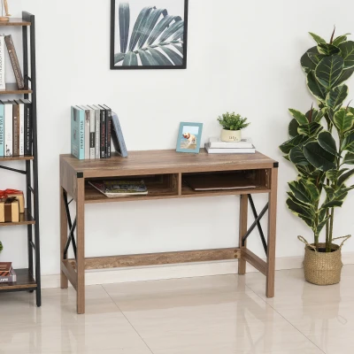 HOMCOM Schreibtisch im Industrie-Design Große Tischplatte 2 Fächer Schwarzes Metall Spanplatten Holzoptik mit Maserung Braun