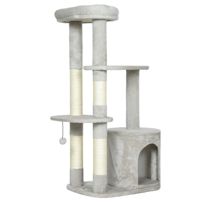 PawHut Arranhador 114 cm Torre para Gatos com Toca, Postes em Sisal, Plataforma, multiandar para gatos de porte médio até 6 kg, Cinza claro