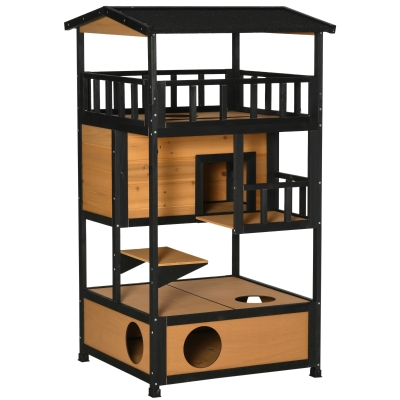 PawHut Caseta para Gatos de Madera 75,5x75x137 cm con Techo Asfáltico Plataformas para Interior y Exterior Natural