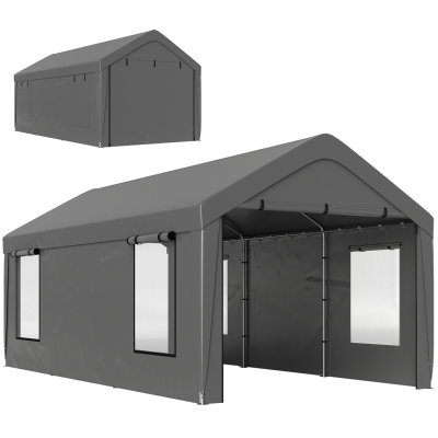 Outsunny Carport tente de garage 3 x 6 m avec parois latérales amovibles, 2 portes enroulables et 4 fenêtres, gris foncé
