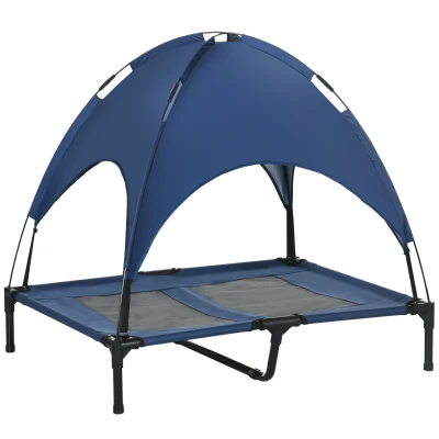 PawHut Cama para Cães com Dossel, Cama Outdoor para Cães, Dobrável, Estrutura Elevada, Azul + Preto