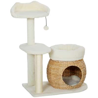 PawHut Arranhador com Casinha para Gatos Bola de Brincar e Plataforma Caniço e Sisal até 10 kg 60x40x79 cm Creme