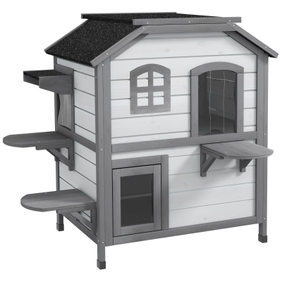 PawHut Casa para gatos Abrigo para gatos Toca para gatos, 2 andares, resistente às intempéries, 99,5 cm x 76 cm x 91 cm, Branco + Cinza