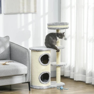 PawHut Arranhador para Gatos, Postes de Corda de Sisal, Pelúcia Macia, Multinível, Brinquedo de Bola, Cinza, 59x35x100 cm