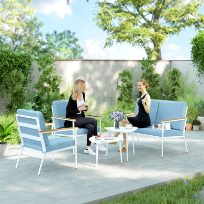 Outsunny Gartenlounge für 4 Personen, 5‑teiliges Balkon‑Set mit Sofa, 2 Sesseln und 2 Couchtischen, Hellblau