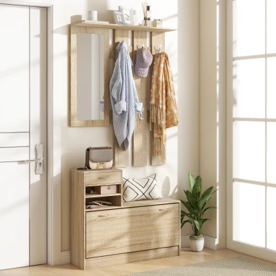HOMCOM Garderobe 3-in-1 mit Schuhschrank und Spiegel, Haken und Schubladen, Holz, 90x10x91 cm, Farbe Eiche